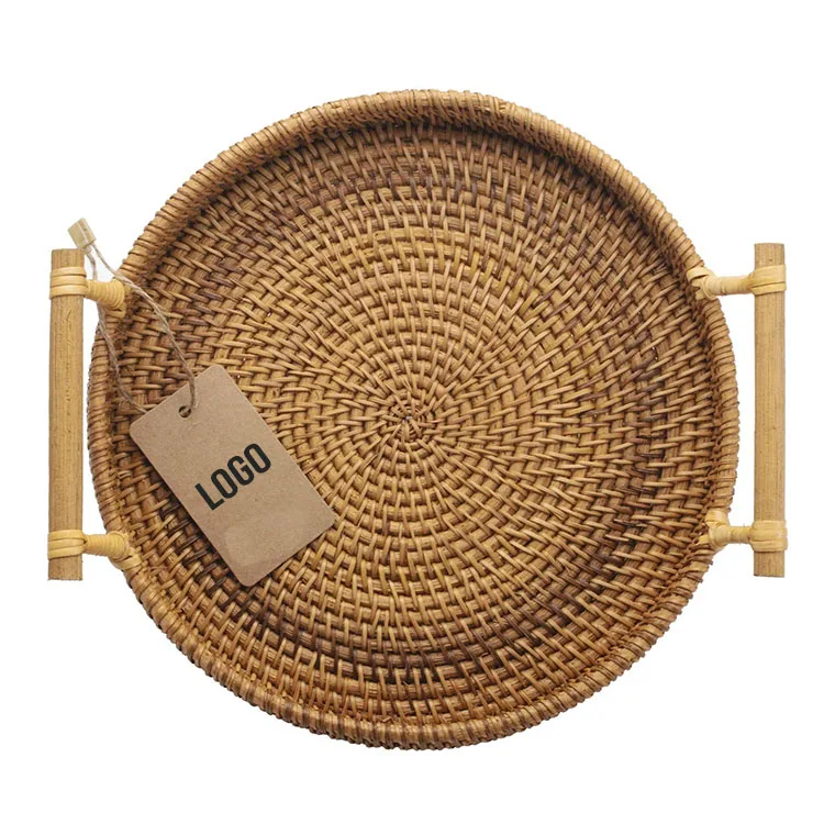 

New Fashion Handicrafts Zero Waste Sustainable Development Brown Table Storage Wood Rattan Tray, Natural color