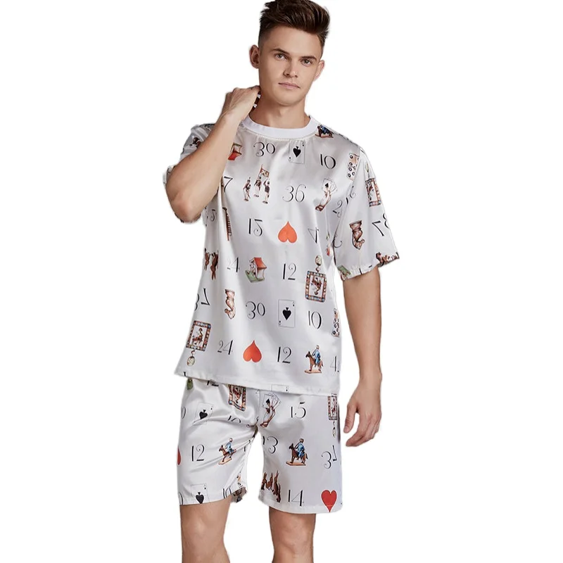 

New Summer Thin Ice Silk Men Pajamas Short Sleeve Large Size Men Loose Short Sleepwear Sets, Picture shows