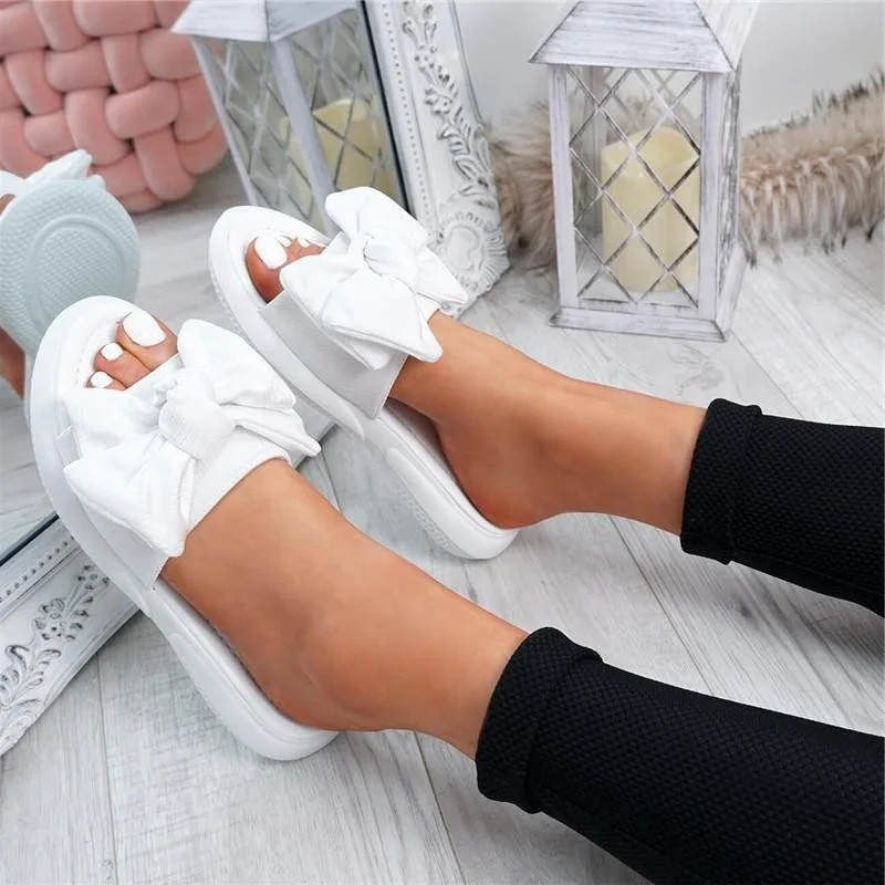 

Sexy Low Price Quality New Designs Lady Thick Soled Shoes 2021 Summer Fashion Silk Bow Knots Pink Girls Beautiful Sandal Slipper, Yellow black pink gray red white