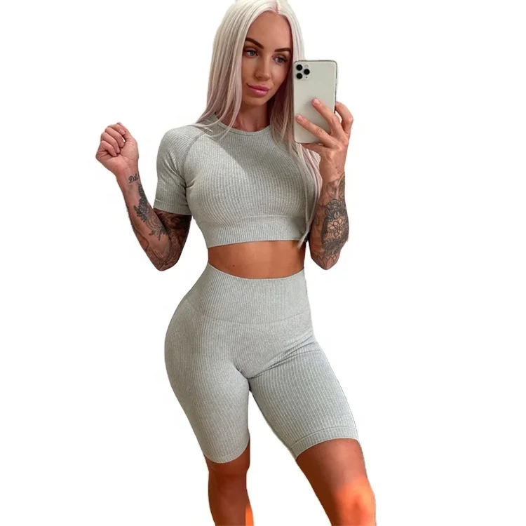 

Summer Female Short Sleeve Shorts 2 Piece Set Fitness Tracksuits, Custom color