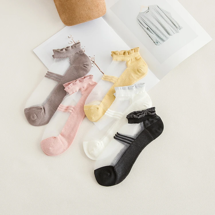 

Hot sale fashion summer breathable crystal Glass fiber thin Transparent Silk cass lace Wide stripes ankle socks for women