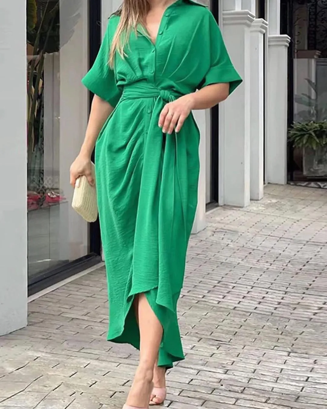Green Loose Maxi Shirt Dress Women Summer Casual Elegant Turn-down Collar Button Down Bandage Long Dress Short Sleeve Ruched