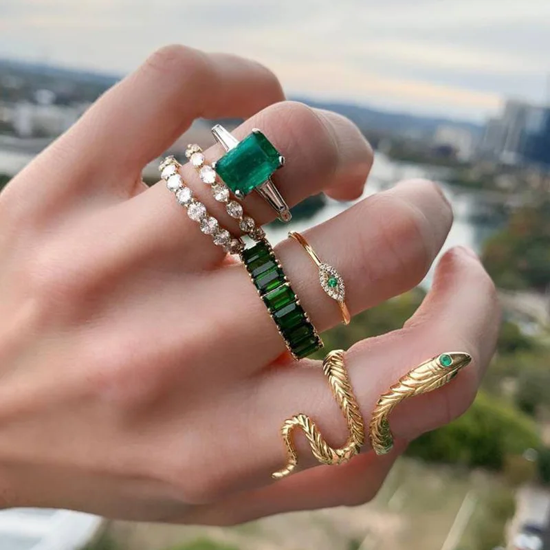 

Vintage Punk Gold Plated 6 PCS Engrave Enamel With Green Crystal Snake Rings Set For Women