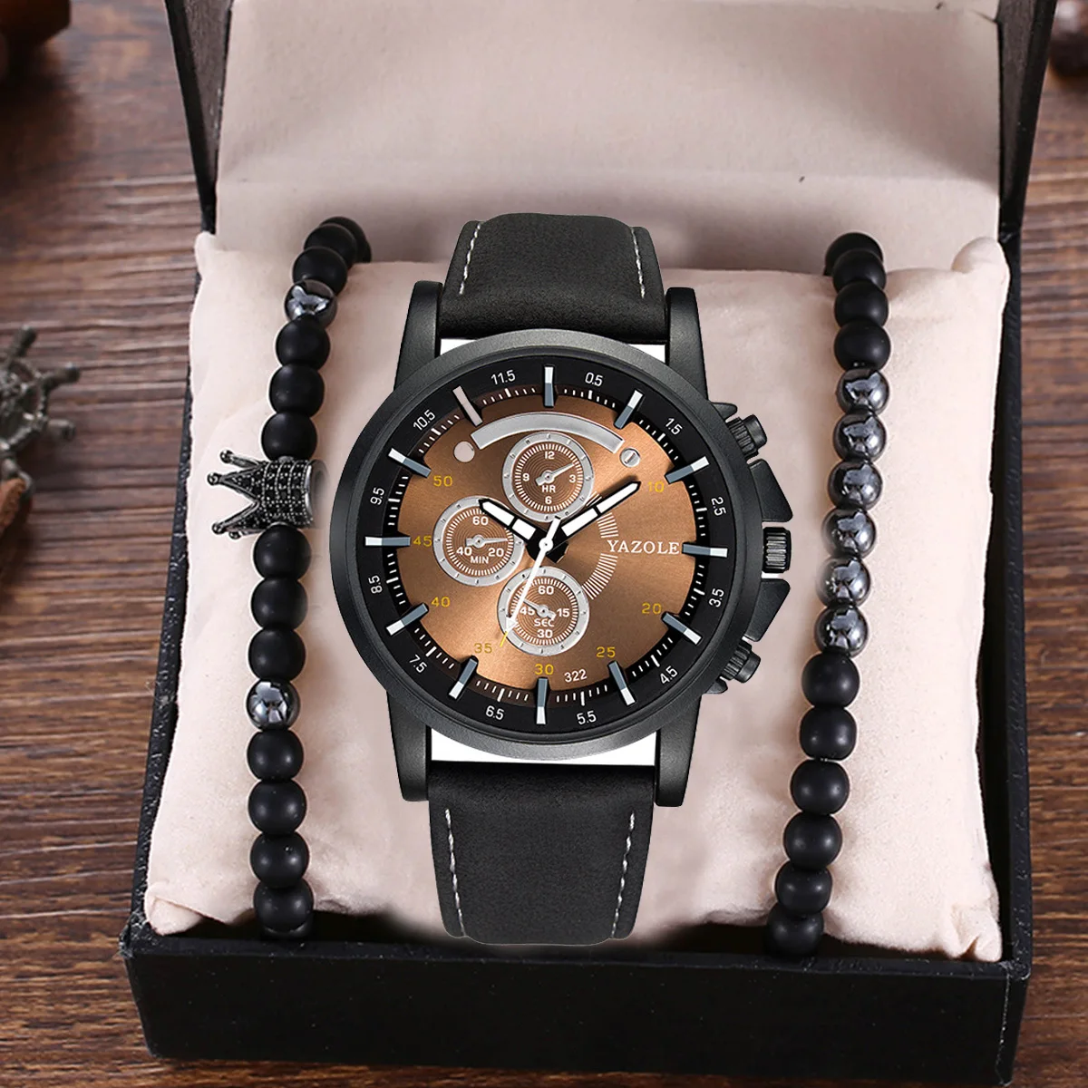 

Retro Watch Gift box for Men watch Crown Bracelet watches set Leather Band Quartz Clock Gift for male