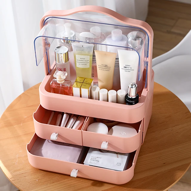 

XingYou Desktop Waterproof Dustproof Cosmetic Storage Box Makeup Organizer with Drawers, Grey