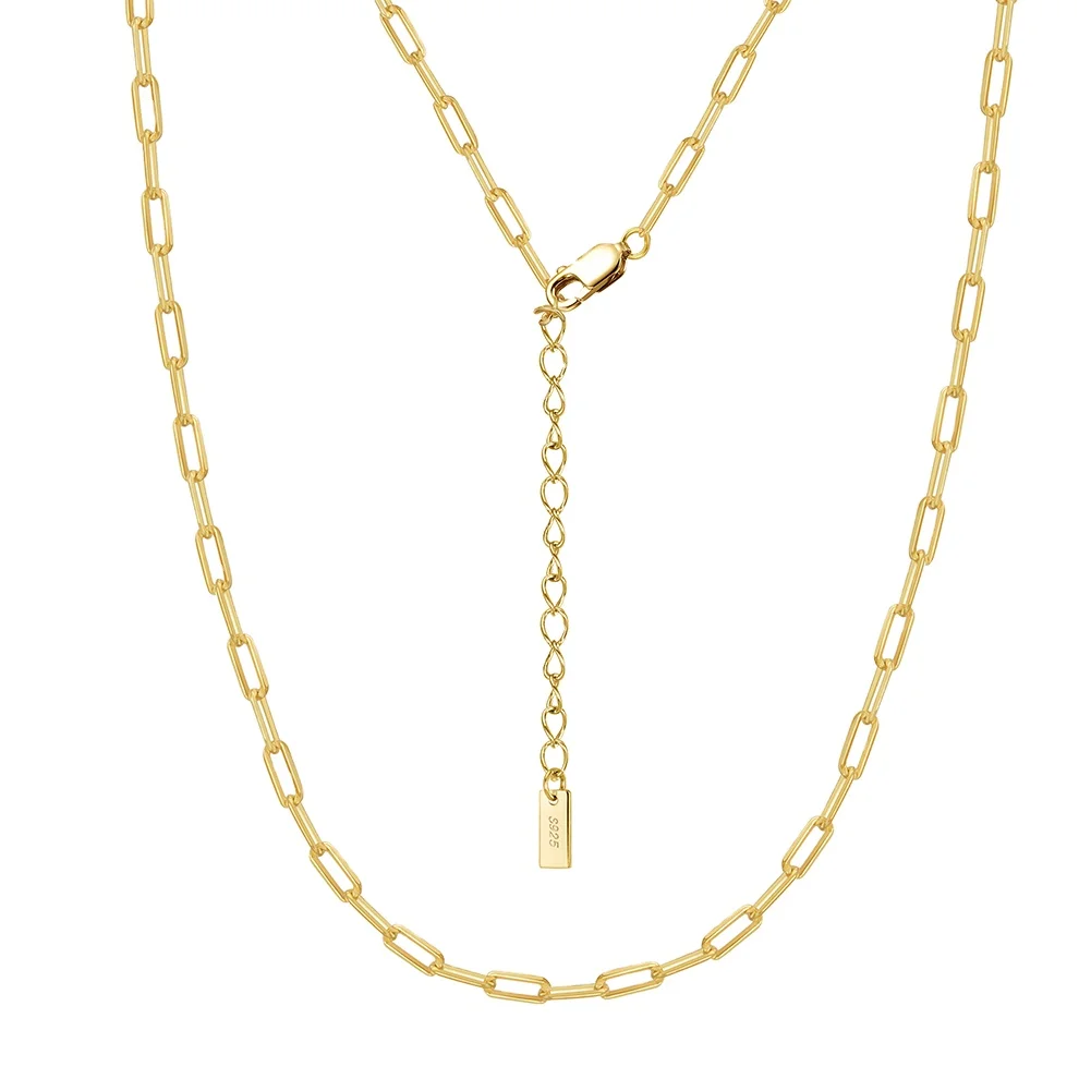 RINNTIN SC83 2.2mm Paper Clip Chain Necklace Fashion Gold Plated Necklaces 925 Sterling Silver PaperClip Chain Necklace