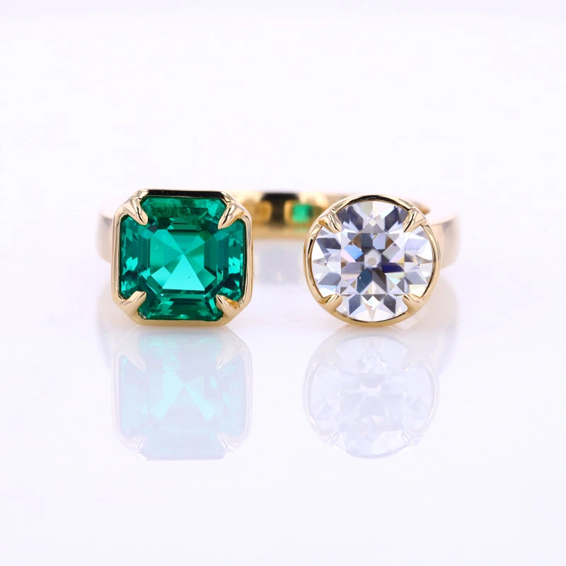 

14k yellow gold vintage moissanite ring 7x7mm asscher cut emerald 7mm OEC moissanite two stone open gold ring