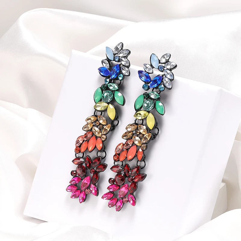 

HOVANCI Statement Jewelry Colorful Crystal Pave Zinc Alloy Drop Earrings Personality Multi Rhinestone Gemstone Dangle Earrings