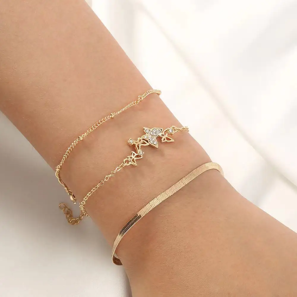 

European and American simple fashion micro-inlaid diamond butterfly multi-layer bracelet popular three-piece bracelet, Picture shows