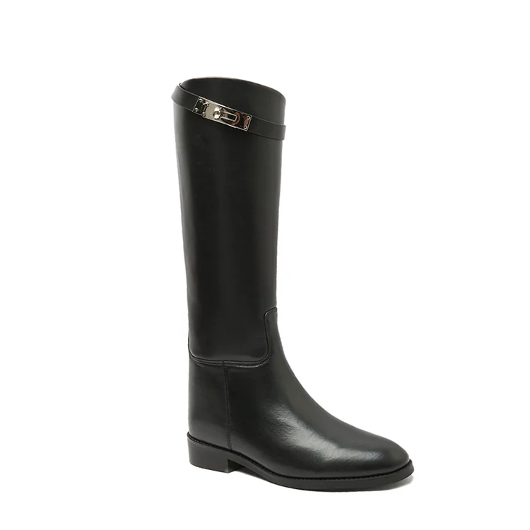 

2021 High Quality Custom Women Black Long Boots Winter Pu Leather Boots With Wedge Heel