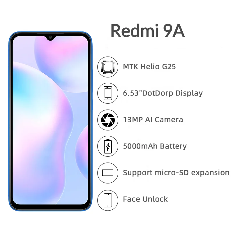 
Global Version Xiaomi Redmi 9A 2GB 32GB Smartphone 5000mAh Big Battery MTK Helio G25 Octa-core 6.53 HD+ display 13MP AI Camera 
