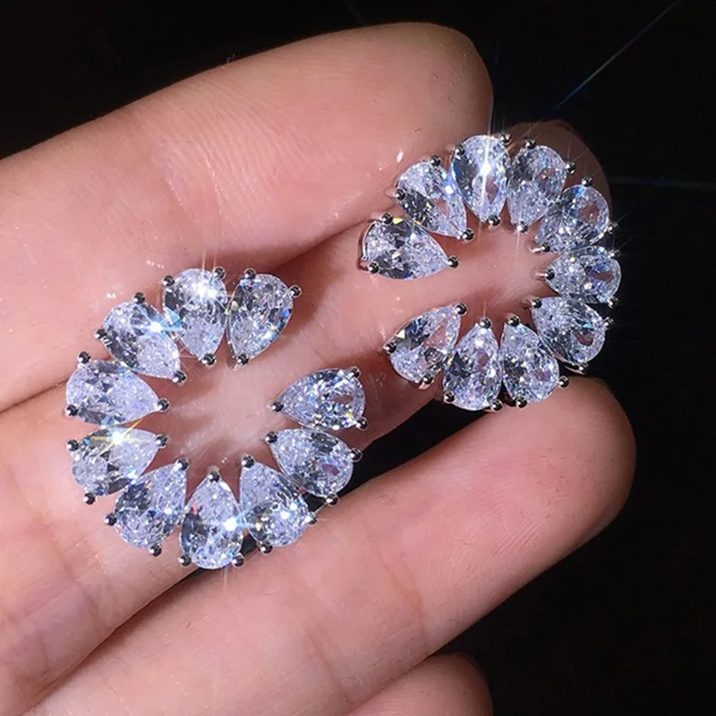 

Simple Style Micro Paved Waterdrop Cubic Zirconia Stud Earrings Clear Crystal Rhinestone CZ C Shape Stud Earrings for Women