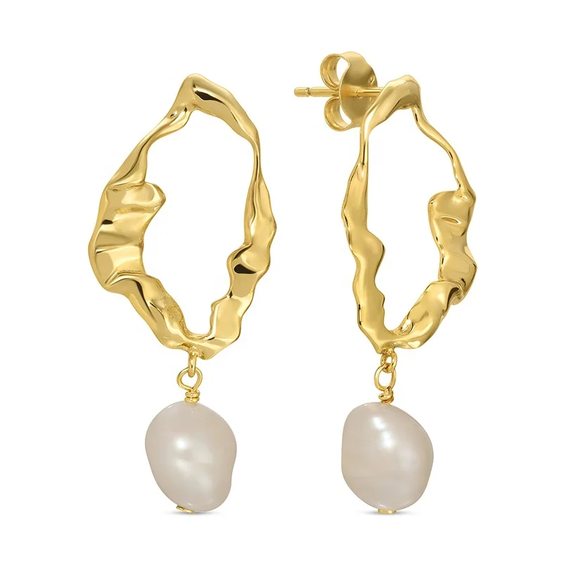 

Gemnel 925 sterling silver 18k gold plated gorgeous waterfall handmade design baroque pearl wavy drop earring