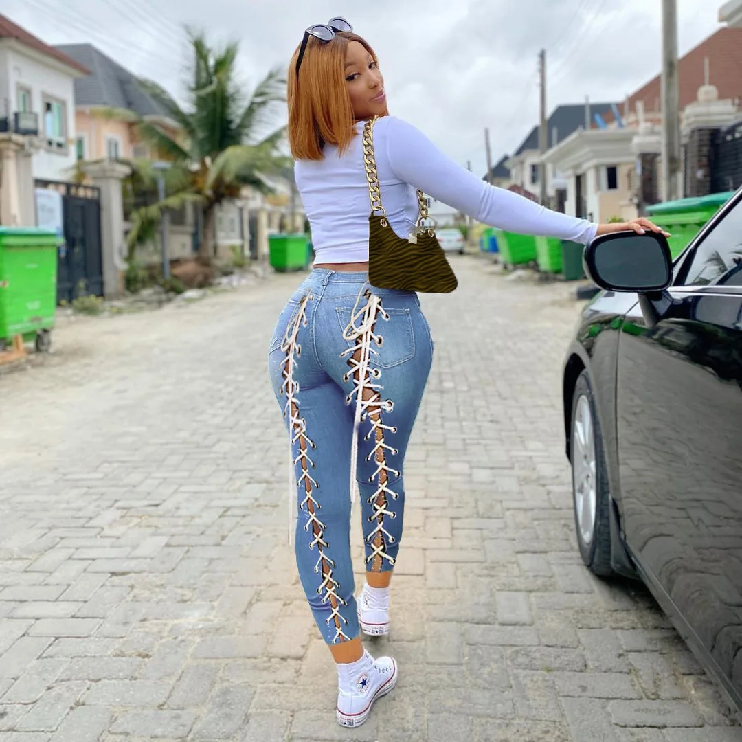 

W0045P 2021 Trend Sexy Ripped Hollow Out Women plus size Jeans Denim Pencil Pant Bandage Stretchy Slim Fit Skinny Jeans Women