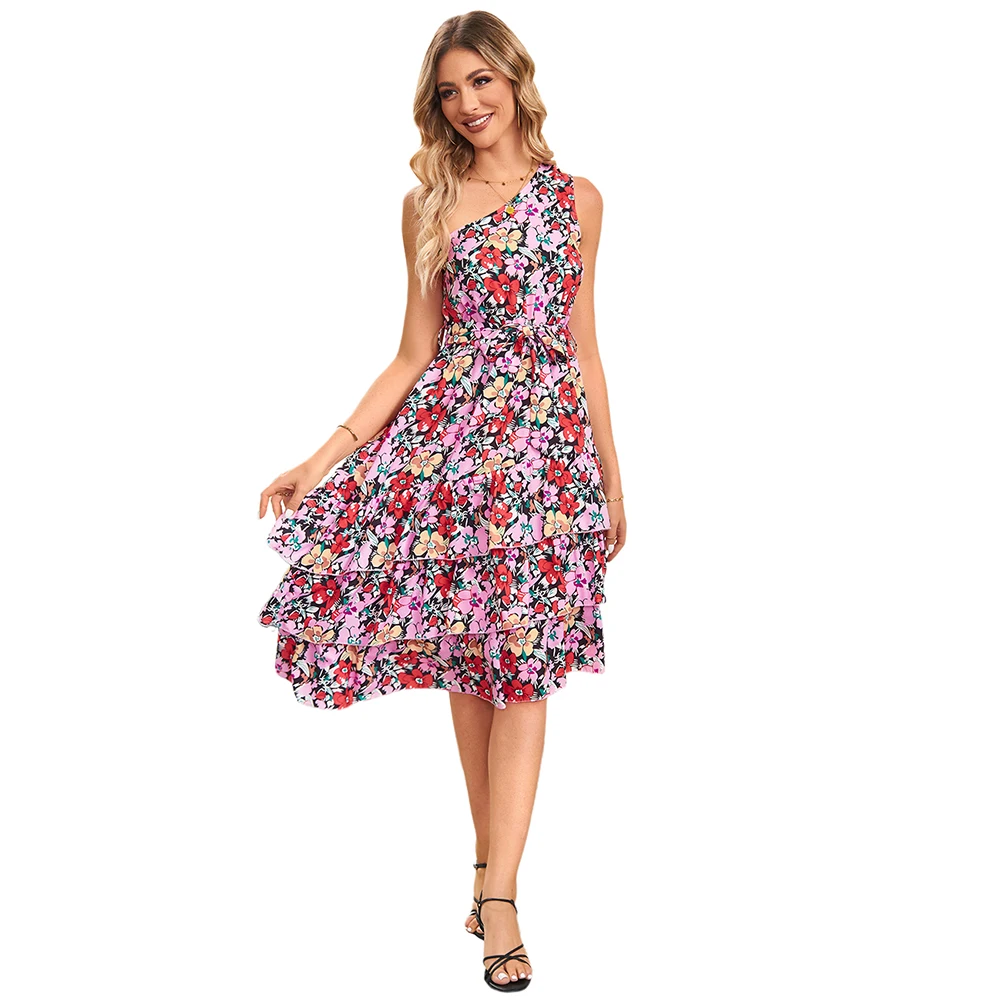 

Best Seller One-shoulder Elegante Floral Summer Women Clothing Tiered Ruffle Dress