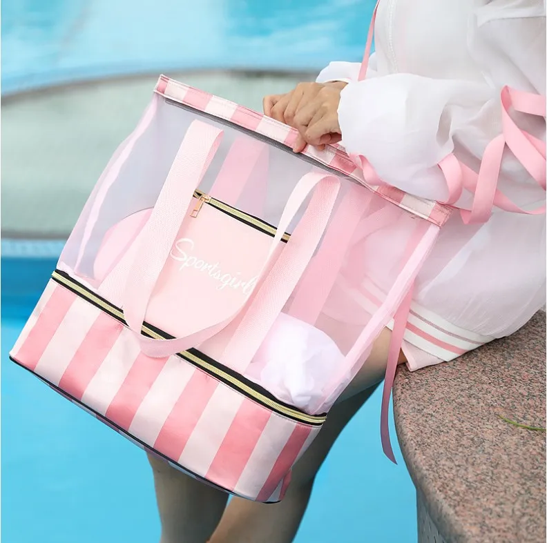 

Portable Colorful Outdoor Summer Picnic Heat Preservation Bag Mesh Cloth Portable Beach Bags Ice Bag Dry Wet Separation Tote, 6colors