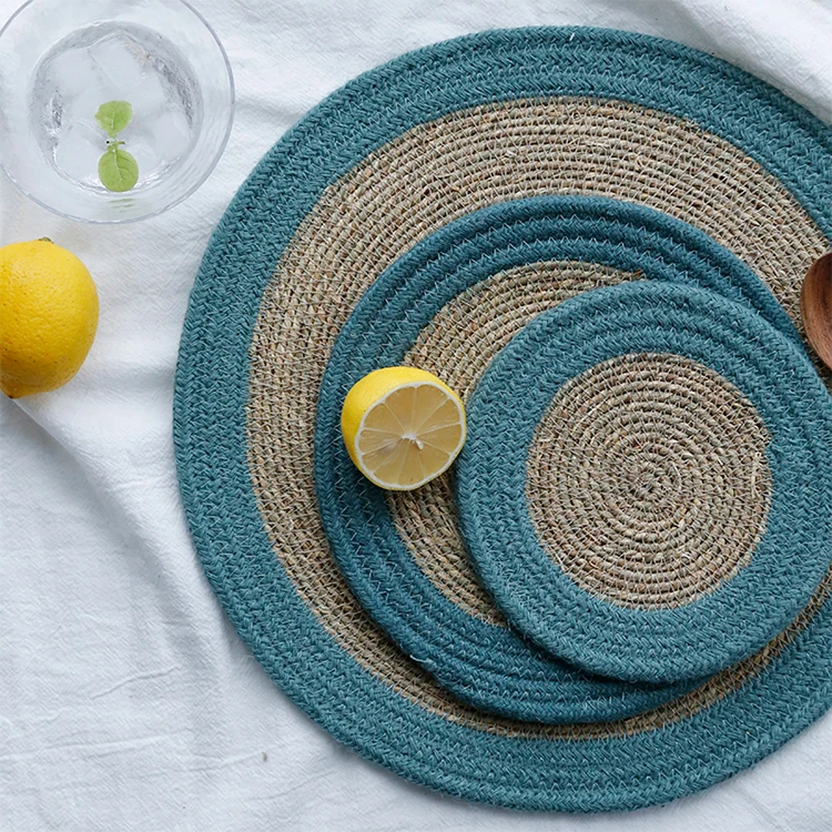 

Wholesale Eco Friendly Hand Grass Woven Round Place Mat Bowl Pad Jute Coasters Three-piece Placemats