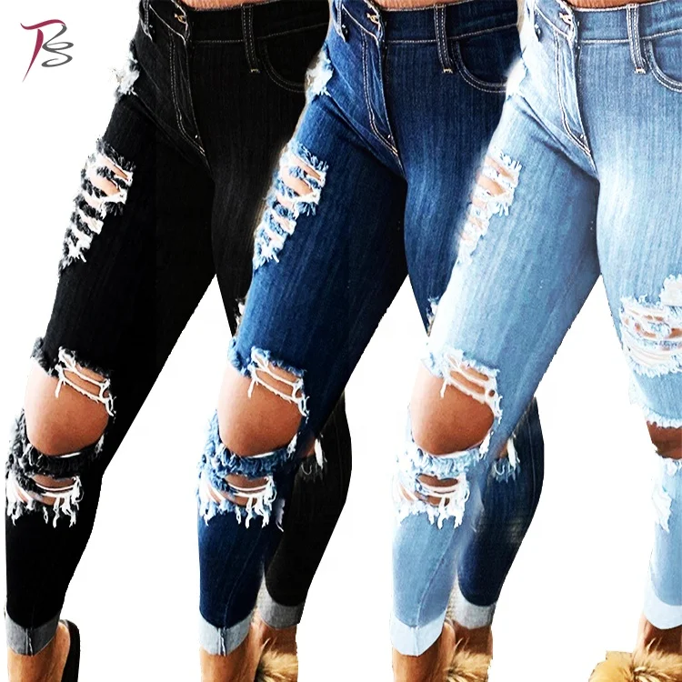 

womens jeans 2020 Hot sale ripped fringed denim patchwork Plus Size pants ripped jeans women denim, Customized color