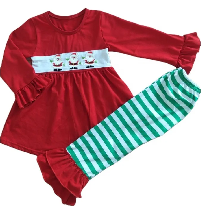 

2021 christmas girl boys clothing outfits long sleeve ruffle top with green white stripe pants clothes sets