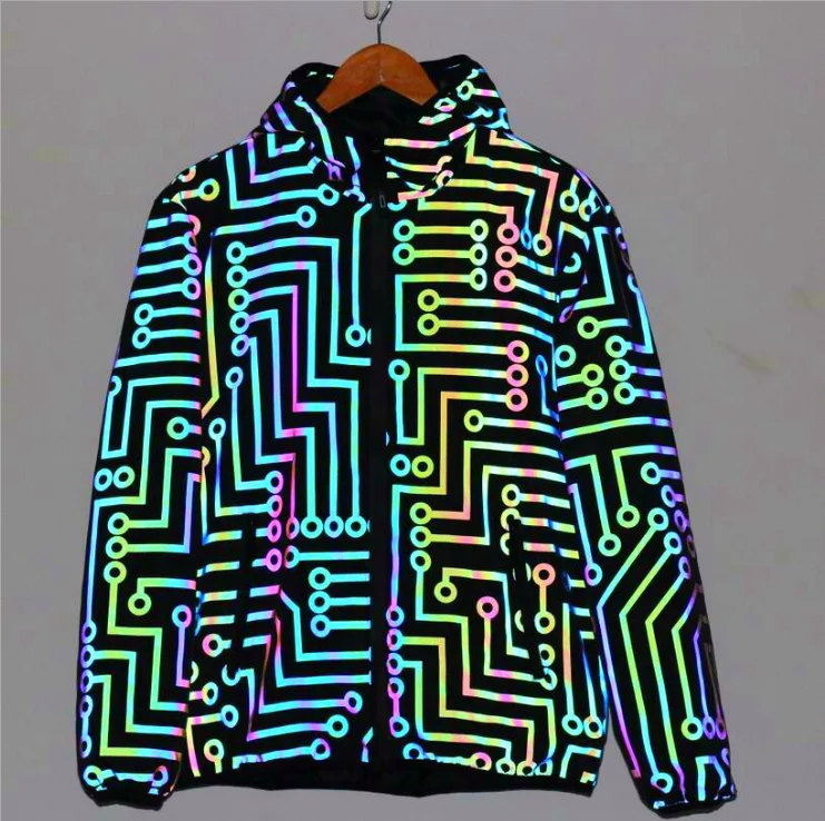 

factory direct sell rainbow neon color circuit diagram pattern printing reflective autumn men 100% polyester casual jacket, Grey / white / red / pink / orange etc