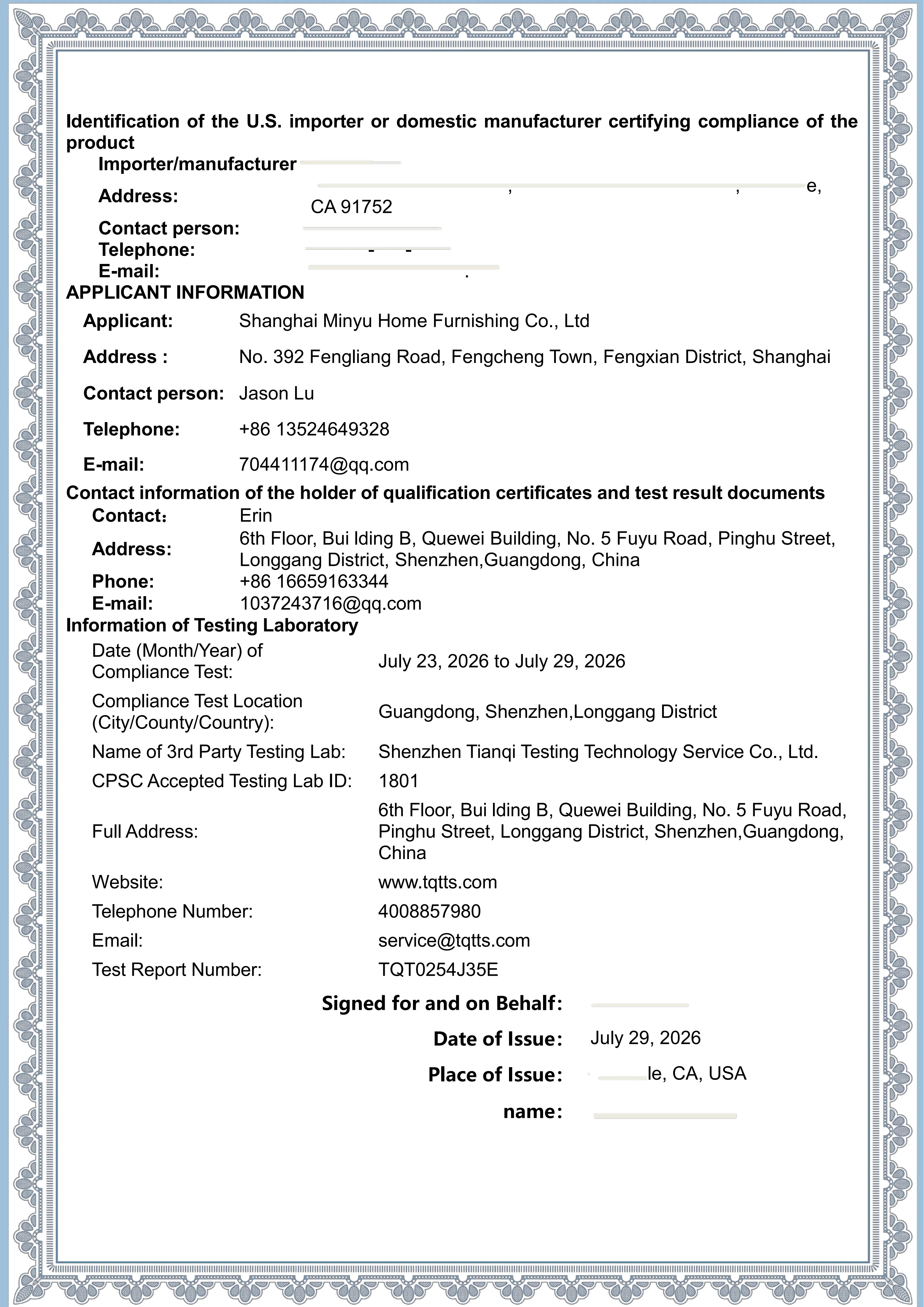 General Certificate of Conformity