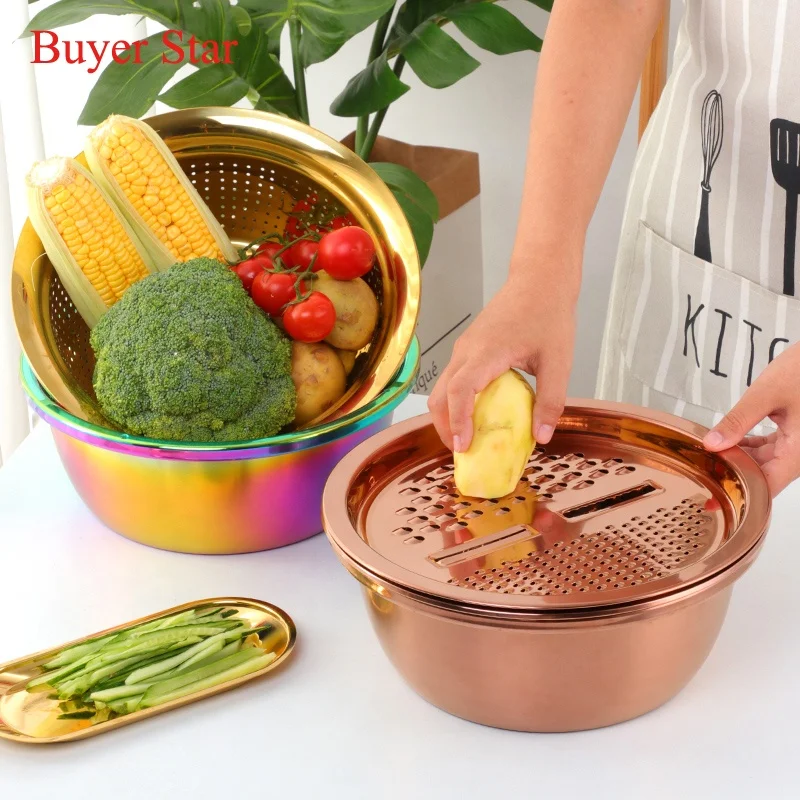

Multifunctional Vegetables Cutter Fruit Peeler Rice Sieve Stainless Steel Drain Basket for Kitchen, Silver/gold/rose gold/rainbow