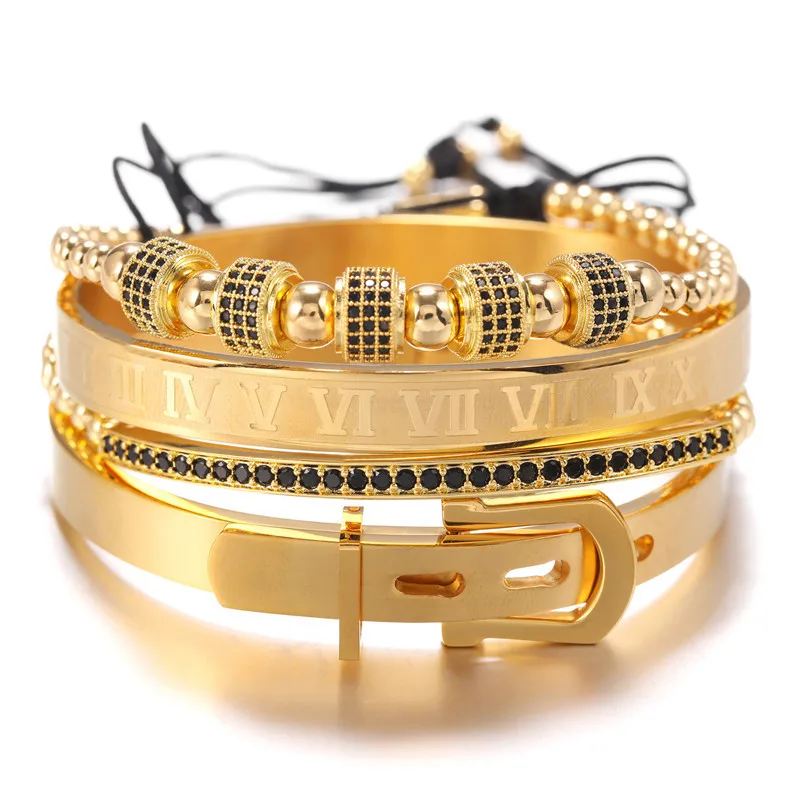 

Men Jewelry Cubic Micro Pave CZ Charm Braided Luxury Roman Number Punk Gold Bracelets Women, Gold, silver, rose gold, black