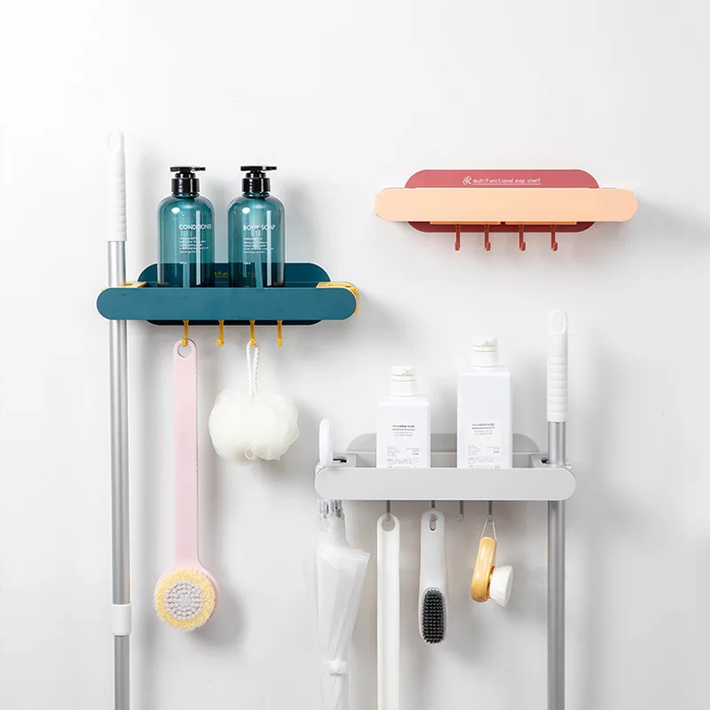 

2021 New design hot sell household items Mop wall hooks bathroom vanities Adhesive organizador Storage rack Broom hanger, Blue, pink, white