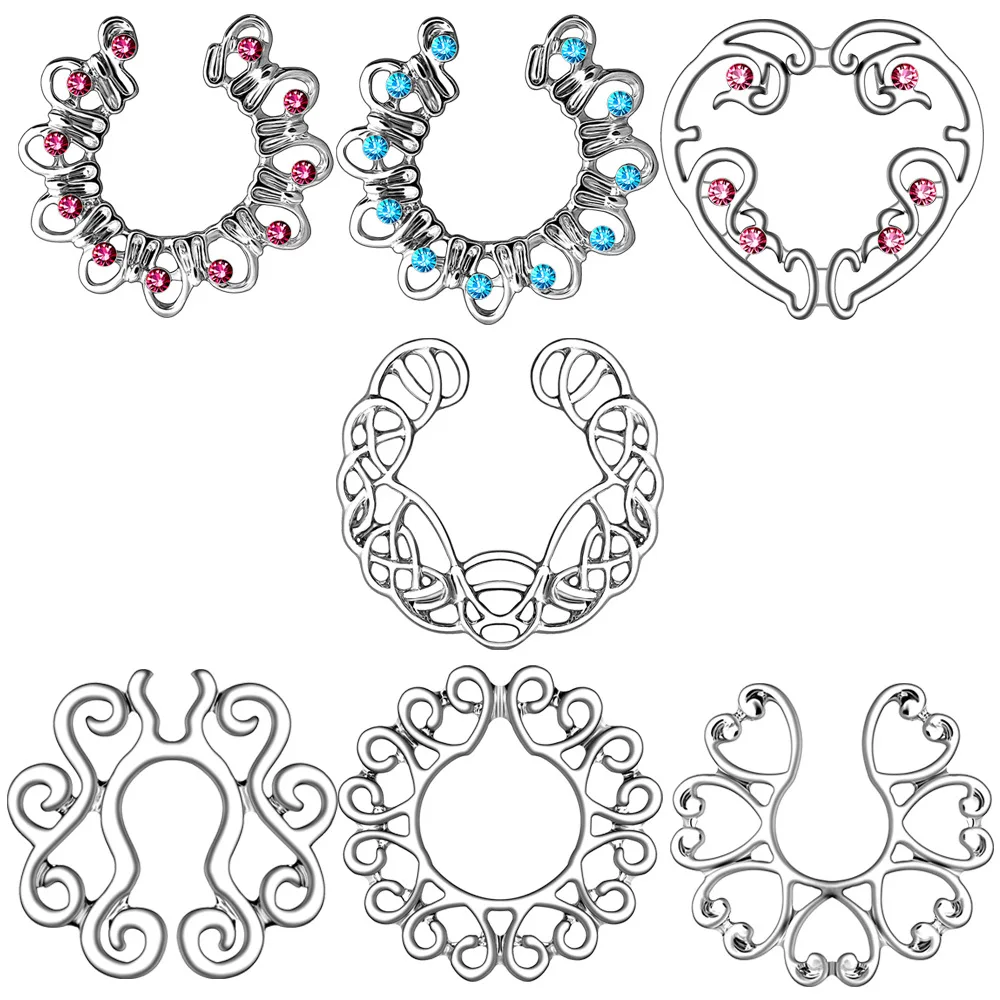 

HOVANCI Flower Shaped Sexy Breast Body Piercing Jewelry Peacock Screen Sexy Non Piercing Nipple Ring, Silver,pink,blue