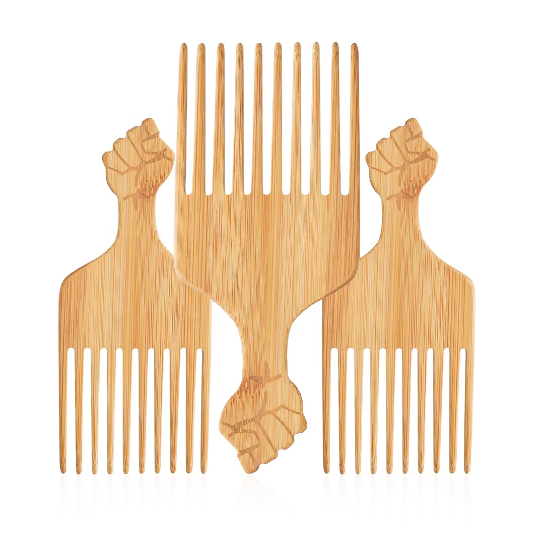 

New Arrival Custom Logo Natural Bamboo Eco-friendly Fist Shape Wave Curly Hair Wide Tooth Afro Pick Comb