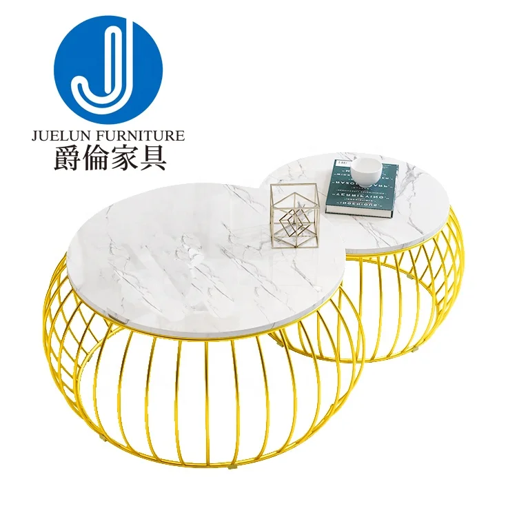 Chinese factory gold stainless steel white marble round chinese coffee table set occasional table low table