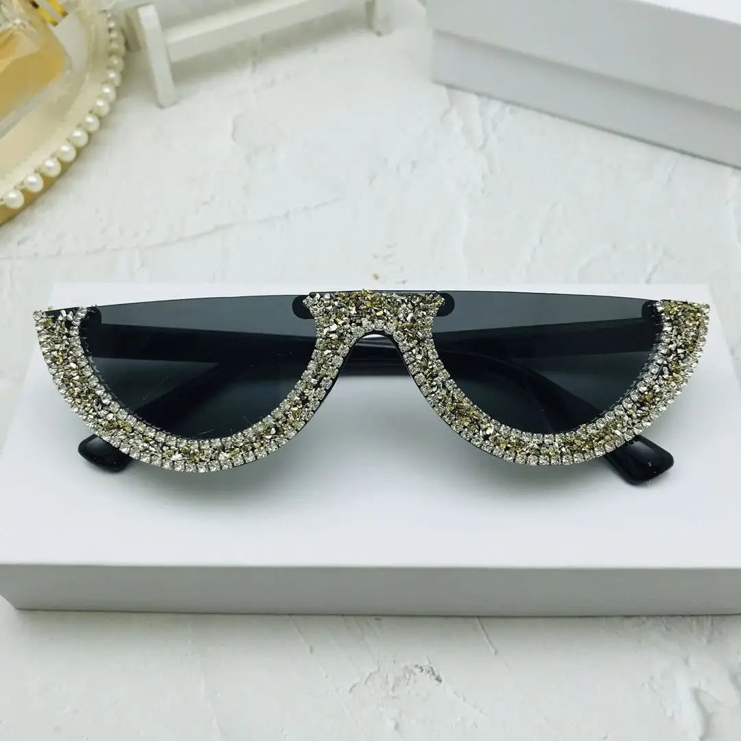 

Fashion Trending Women Half Rimless Bling Diamond Frames Sun Glasses Sunglasses, Picture shows