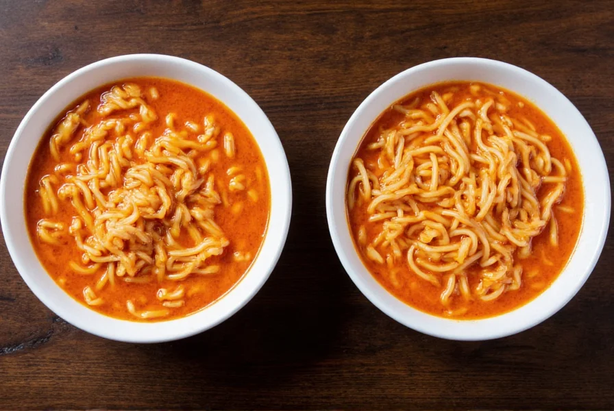 Side-by-side comparison of regular spicy ramen and ghost pepper ramen bowls showing color difference in broth intensity