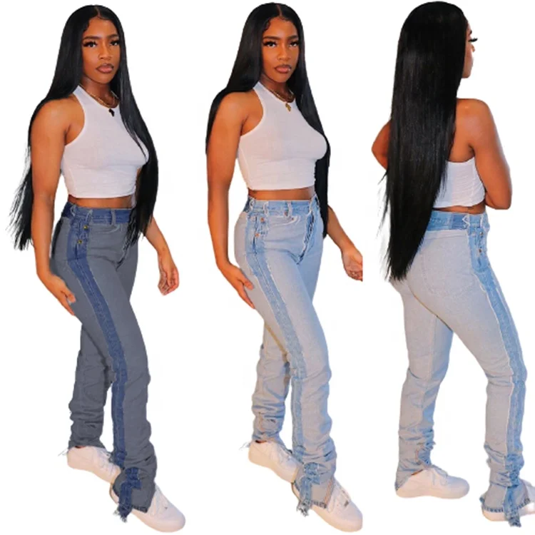 

2021 Blue High Waist Contrast Stitching Raw Denim Jeans Vendor, Blue, light blue