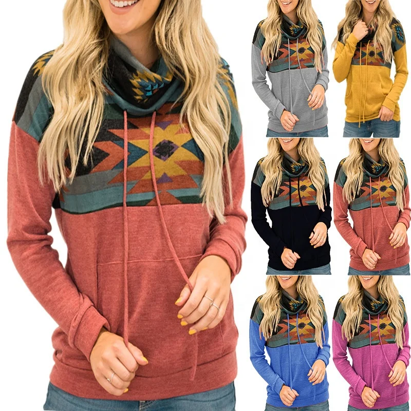 

Casual Aztec Long Sleeve Cowl Womenturtleneck Pullover With Pocket