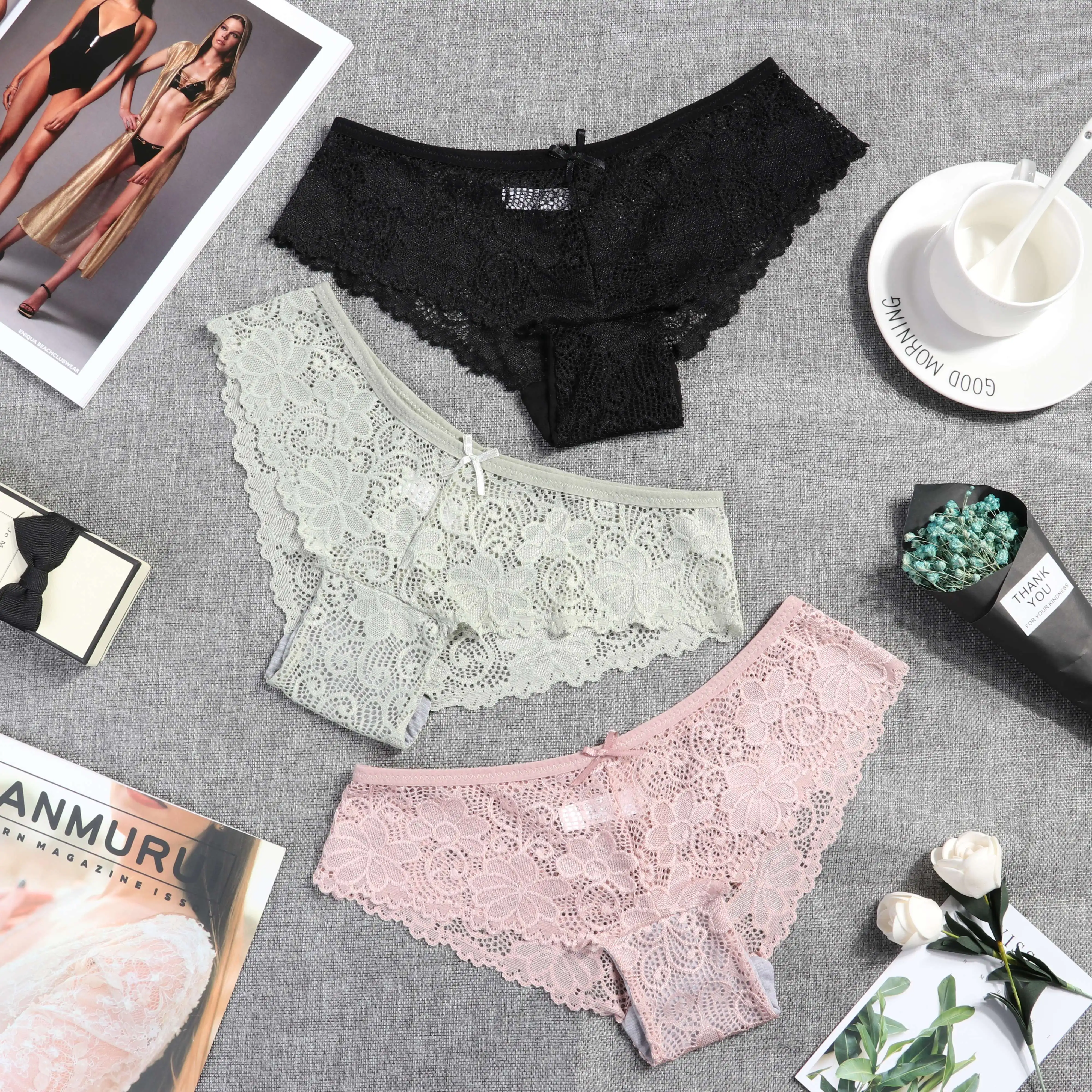 

Dropshipping 2021 Women Fashion Underwear Sexy Thongs Breathable Lace Panties, Black beige red burgundy green navy gray