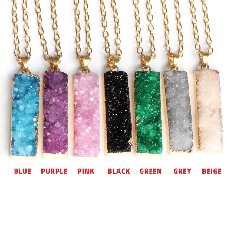 

amethyst gemstone healing crystal necklace pink rectangular irregular natural raw stone sweater chain necklace pendant