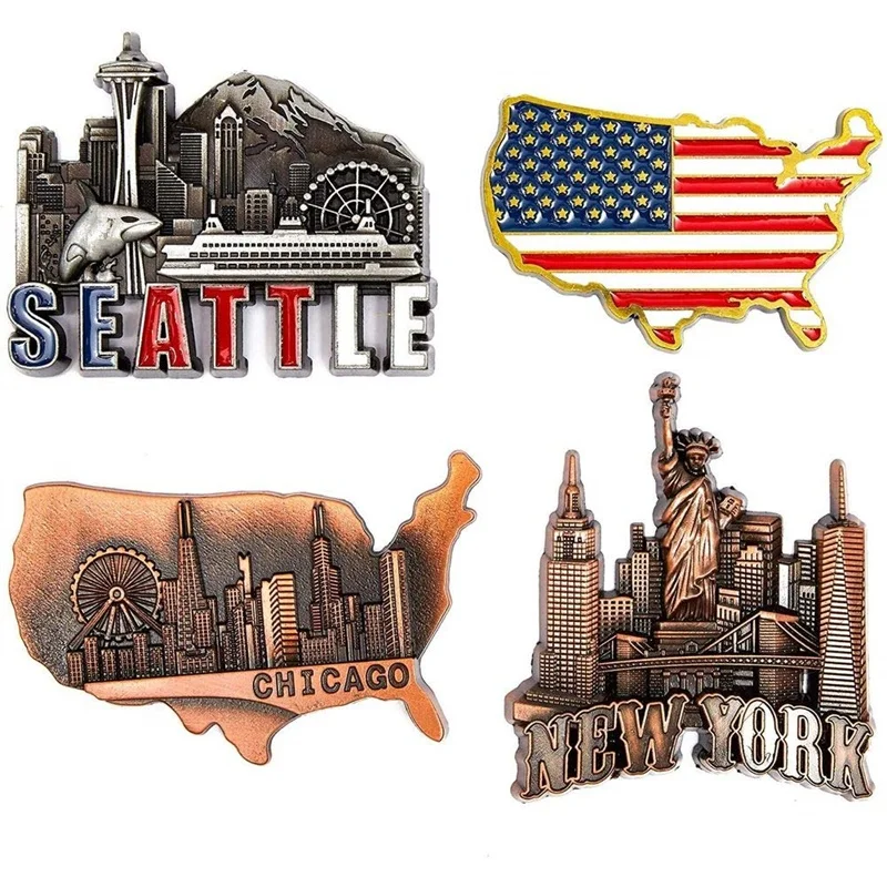 

Custom Metal City-Souvenirs New York Chicago Seattle US Flag American Magnets for Fridge, Customized color