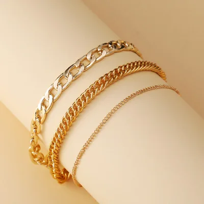 

Fashion Simple Cheap 3 Pcs Set Gold Plated Multiple Cuban Link Chain Anklets for Women Foot Jewelry