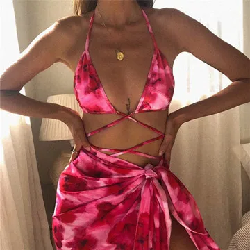 

2021 summer hot sale new tie-dye printed tether three-piece bikini, Picture color