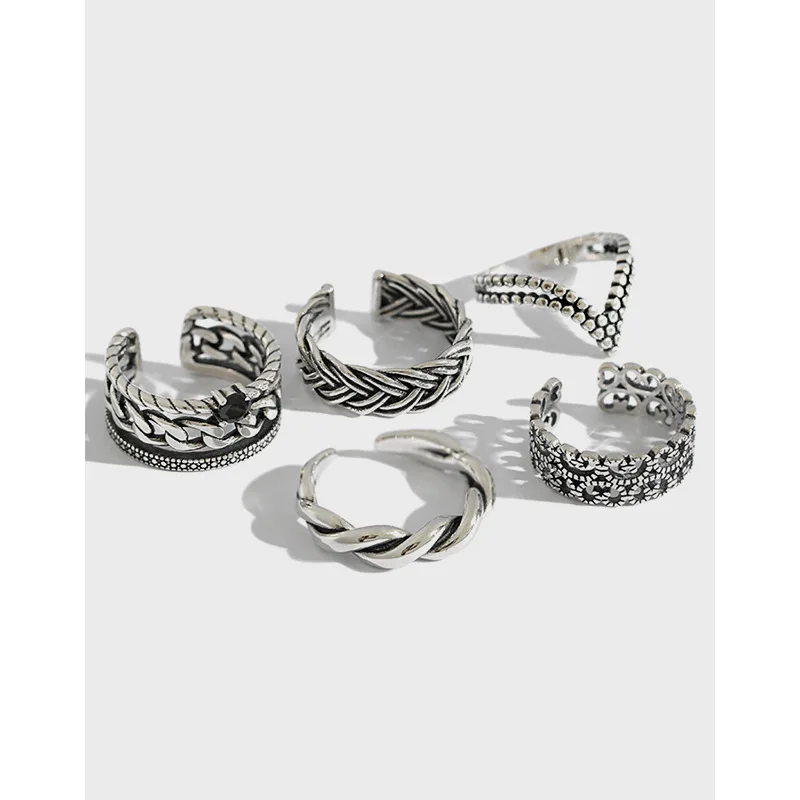 

925 Sterling Silver Vintage Twist Ring Black Diamond Chain Open Rings, Picture