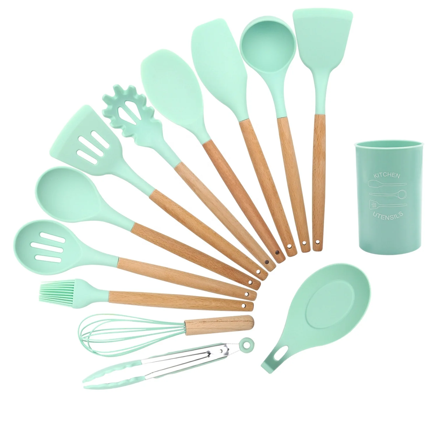 

Hot sale 12pcs wooden handle silicone kitchenware silicone kitchen cooking utensils set, Green,pink