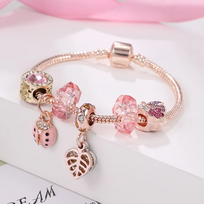 

Hot sale fashion Leaf butterfly bead charm bracelet rose gold ladies Adjustable bracelet for girls, 2 color