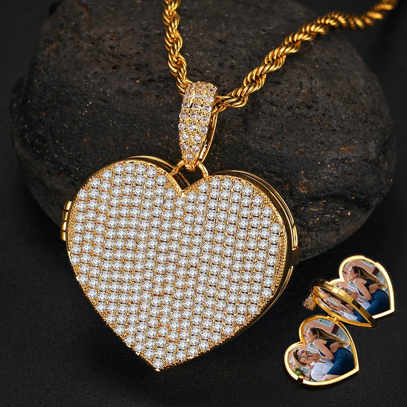 

TUHE Jewelry Hip Hop Heart Shape Locket Photo Pendant Iced Out Zircon Diamond Empty Memory DIY Picture Pendant