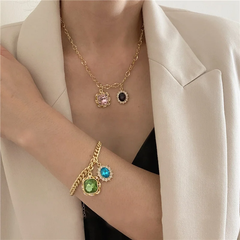 

Wholesale vintage women colorful crystal gold necklace bracelet jewellery set