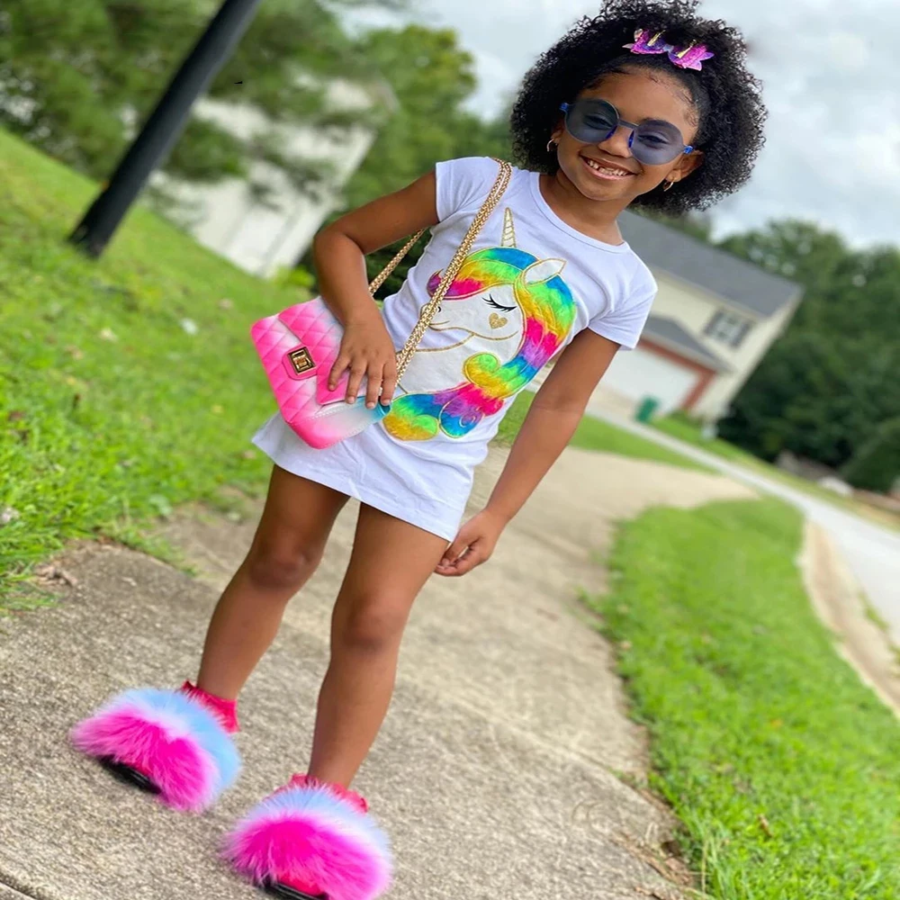 

Kids Fur Slippers Handbag Set Fluffy Real Fox Fur Slides Plush Raccoon Sandals Children Rainbow Jelly Pack Chain Shoulder Bag, Rainbow,block,mixed color,hot pink,natural raccoon