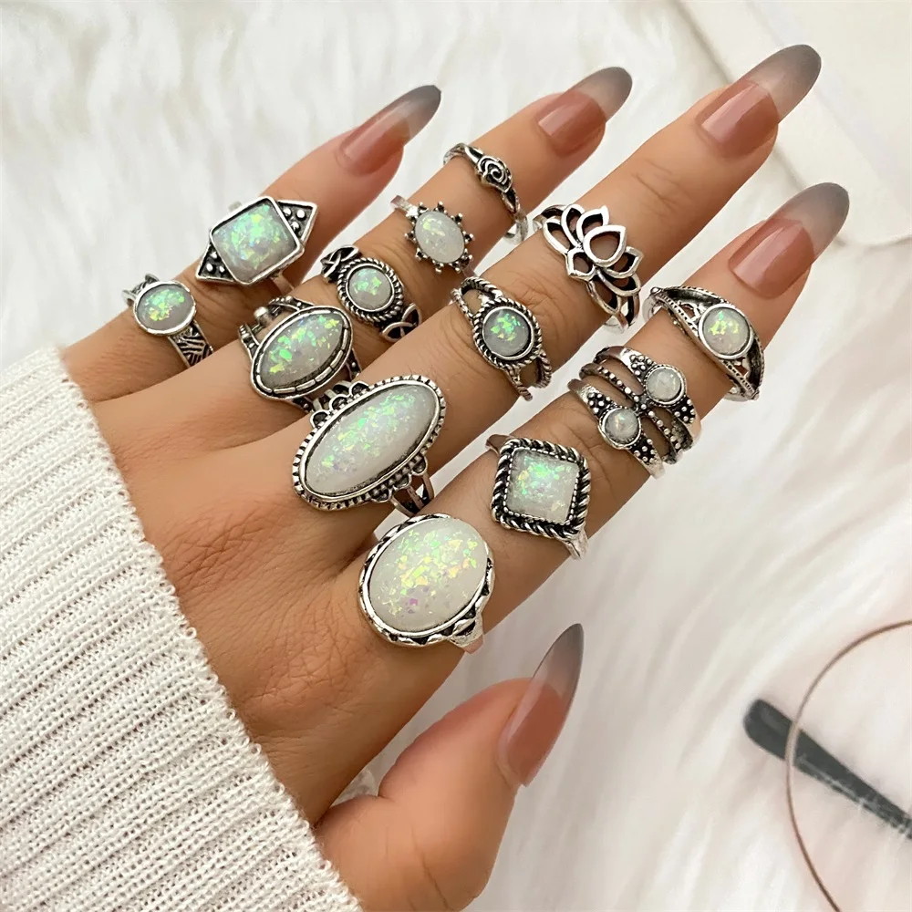 

VKME Vintage Mix Design Stone Knuckle Rings Set For Women Boho Geometric Pattern Flower Rings Party Fashion Jewelry