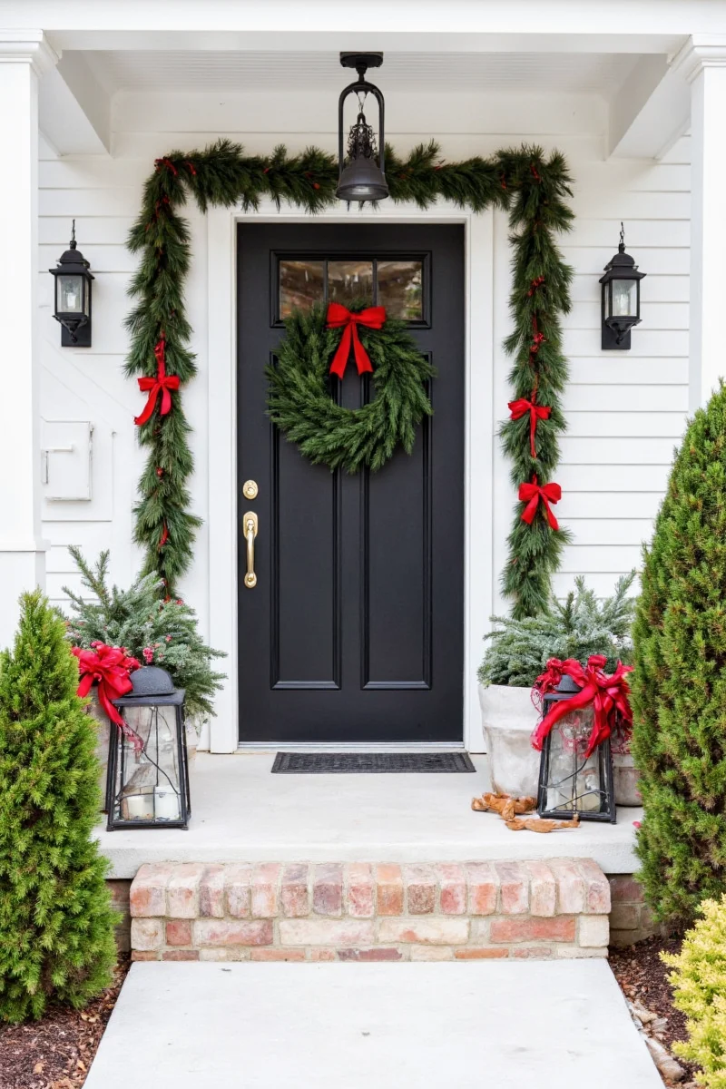 Fully decorated winter front porch with lights, wreath, bench, and snowman