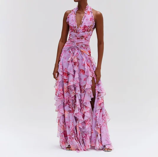 Halter Neck Floral Printed Maxi Dress