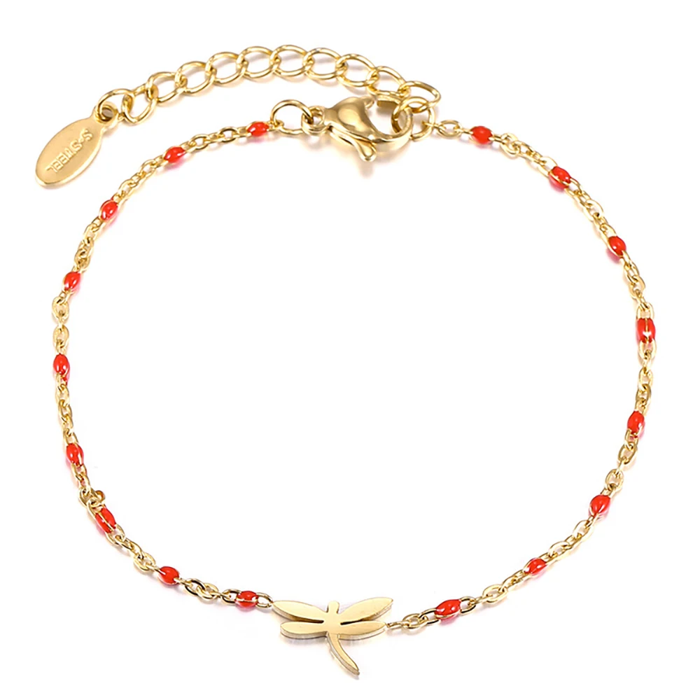 

New product approach stainless steel copper gold plated summer girls party gifts dragonfly beads jewelry minimalist bracelet, Red/black/white/pink